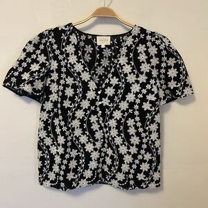 Sezane Embroidered Emma Blouse Black 38 in US 6 Black White Floral Cotton